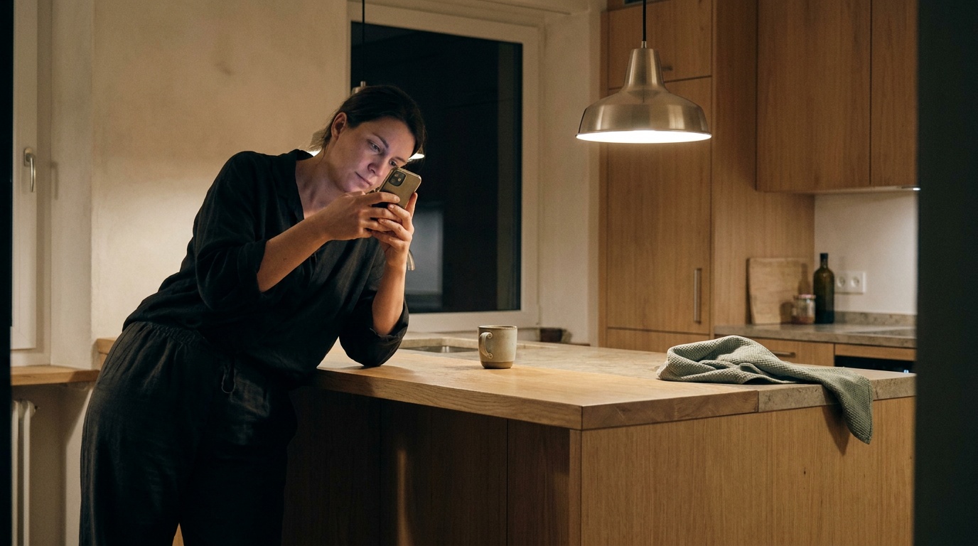 Une cuisine le soir, éclairée par une seule suspension : une femme appuyée à l’îlot regarde son téléphone tenu à deux mains.
