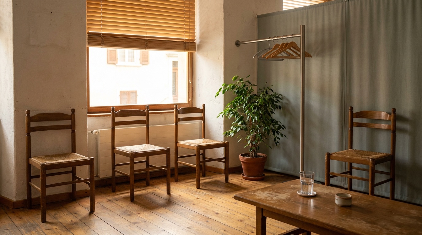 Une salle d’attente prête et vide au petit matin, le soleil en bandes sur le sol.