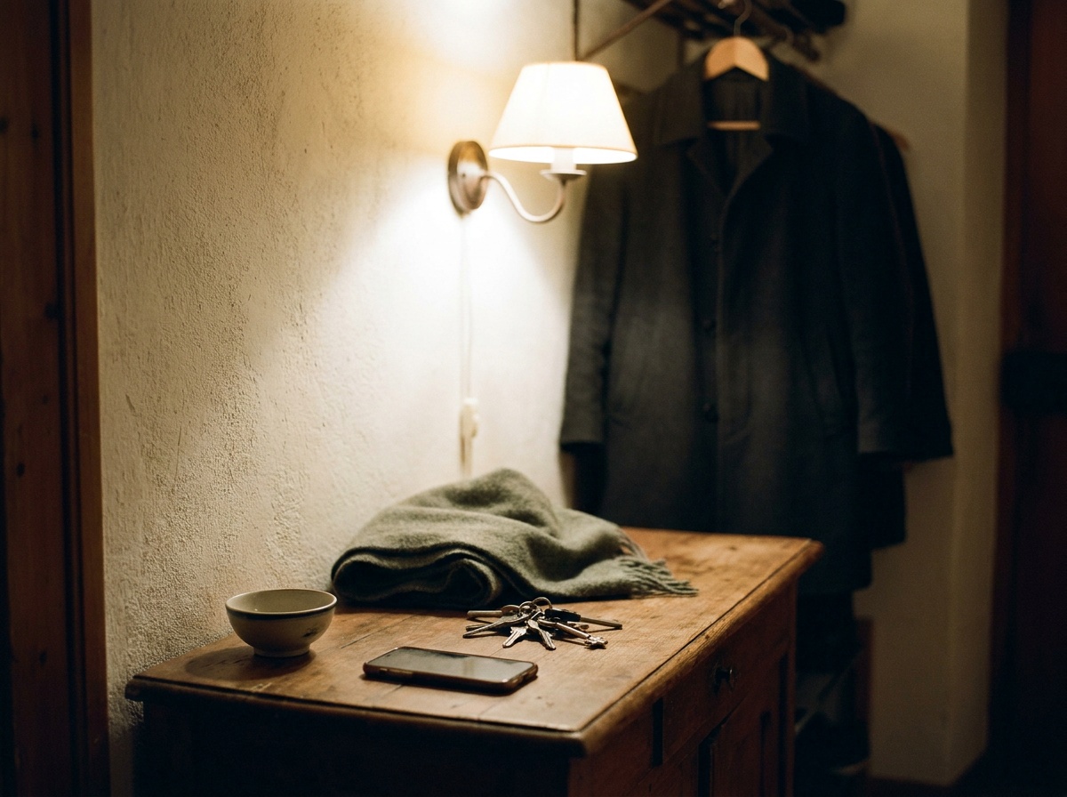 Une console d’entrée le soir : un téléphone posé face contre bois à côté d’un trousseau de clés.