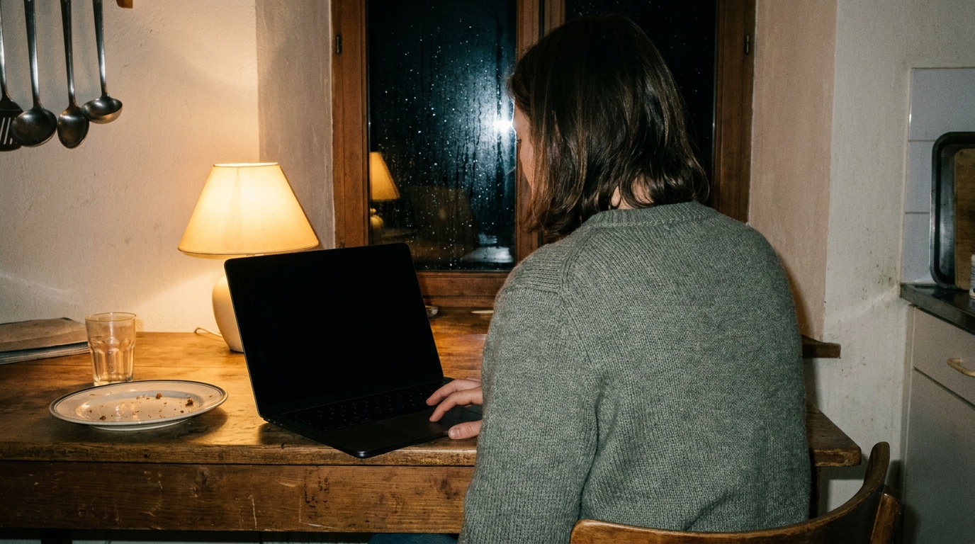 Une table de cuisine tard le soir : une personne vue de dos devant un ordinateur portable, une seule lampe allumée.