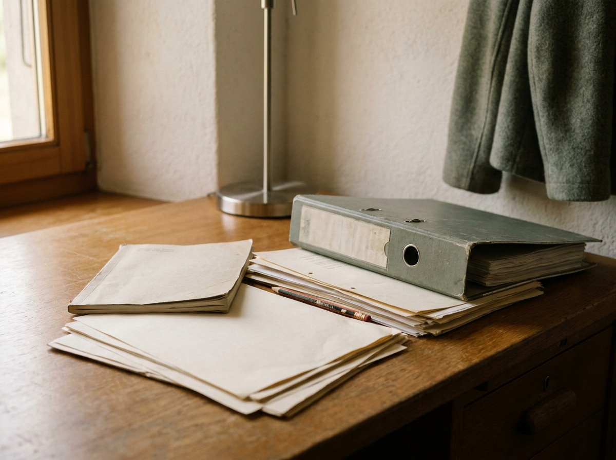Une pile de documents de travail imprimés sur un bureau en bois, un crayon marquant une page.