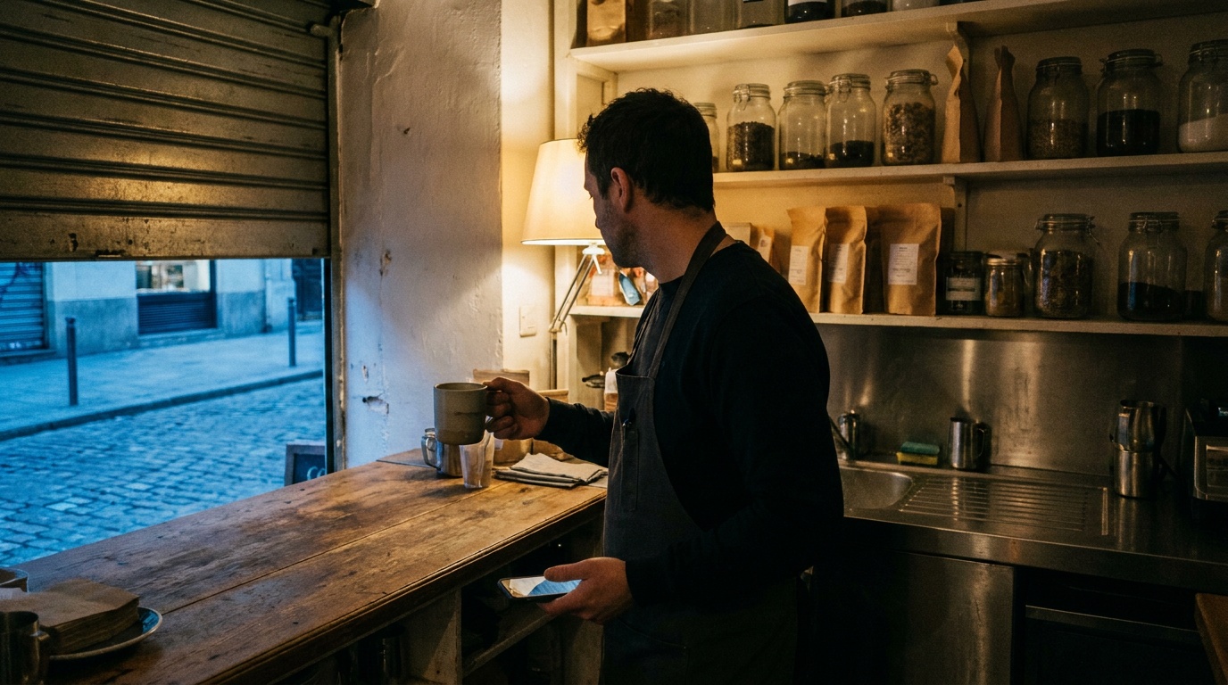 Tôt le matin derrière le comptoir d’un commerce : une personne en tablier, un café dans une main, un téléphone dans l’autre.