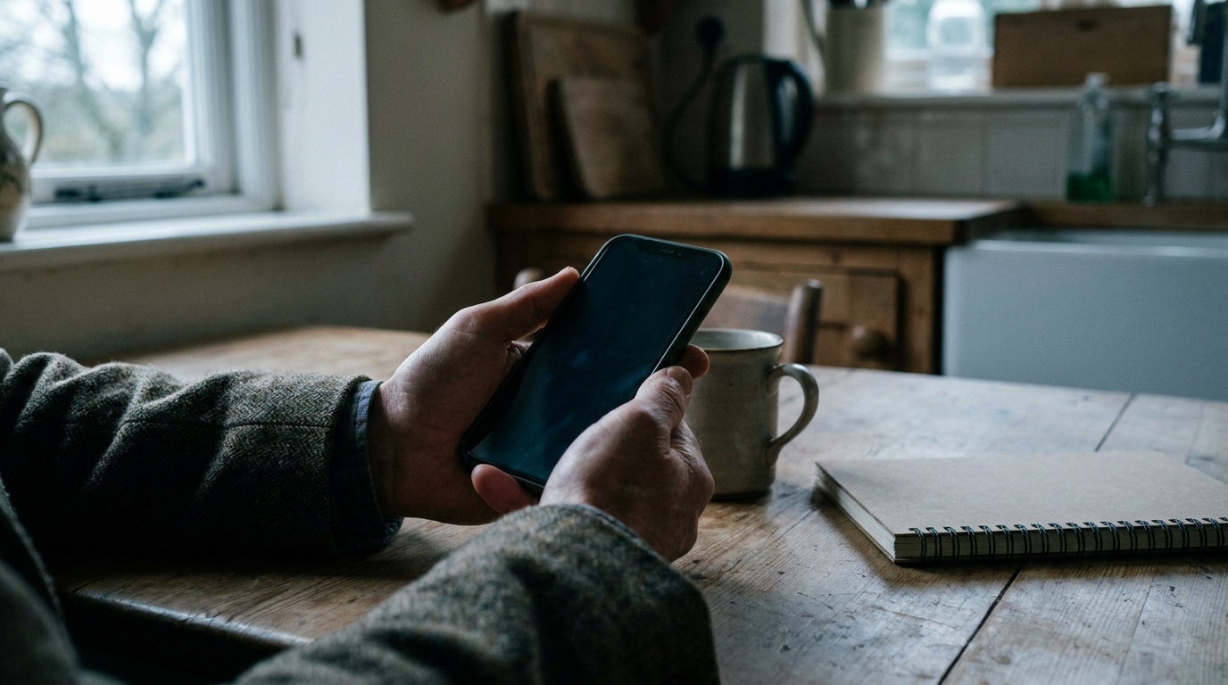 Hände halten am frühen Morgen ein Telefon über einem Küchentisch, der Bildschirm aus dem Bild gedreht, daneben ein Notizbuch und eine Tasse.