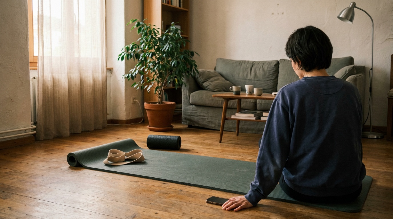 Un salon en fin d’après-midi : un tapis de sol déroulé avec une bande élastique et un rouleau en mousse, une personne assise au bord, vue de dos.