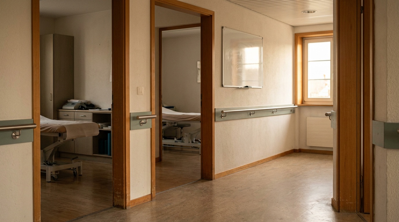 Le couloir d’un cabinet de physiothérapie en fin de journée, deux salles de soins vides, un tableau blanc effacé.