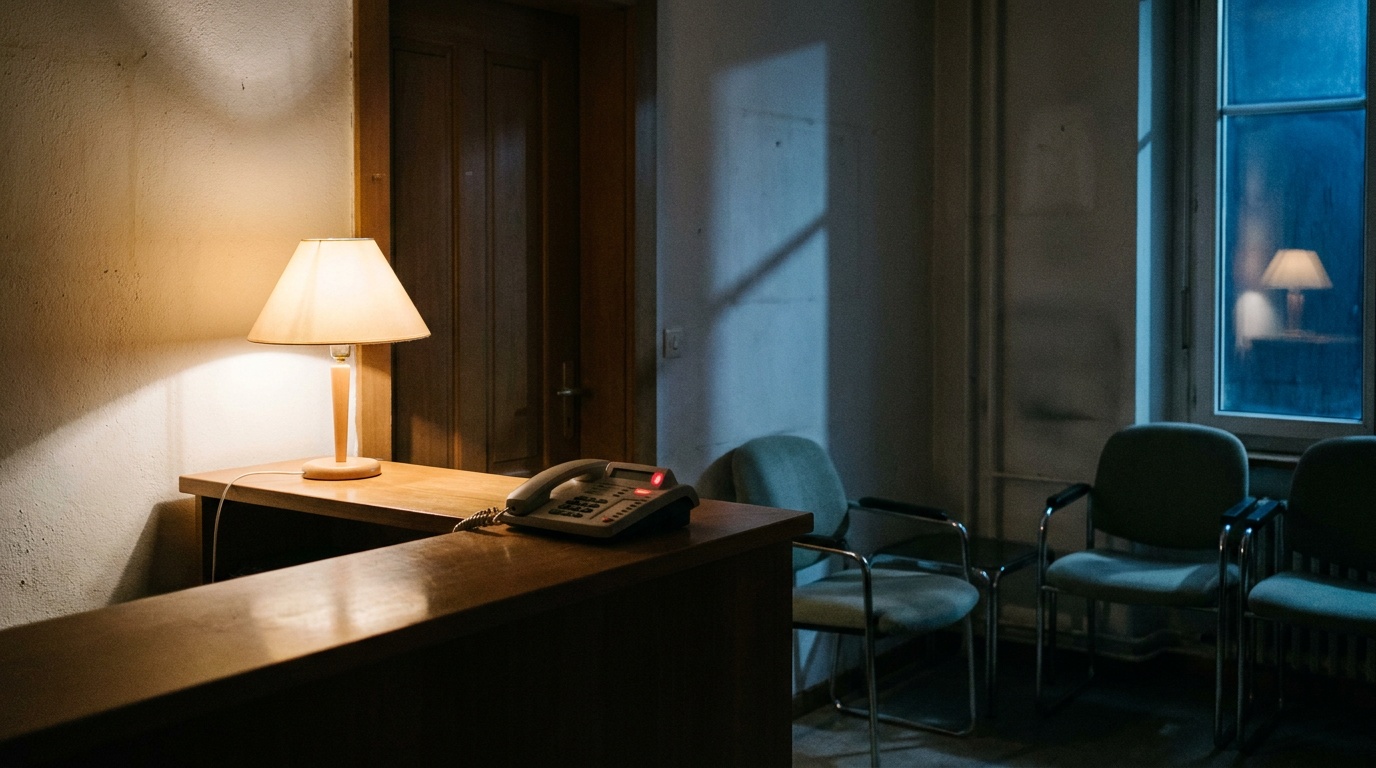Une réception de cabinet vide la nuit, un téléphone de bureau posé sur le comptoir, une seule lampe allumée.