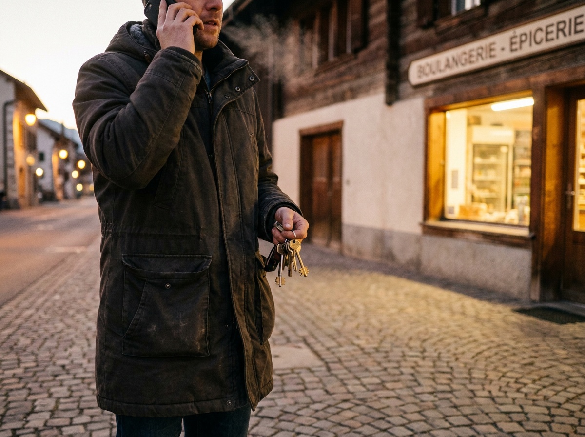 Sur un trottoir le soir, quelqu’un vu à mi-corps tient un téléphone à l’oreille, des clés dans l’autre main.