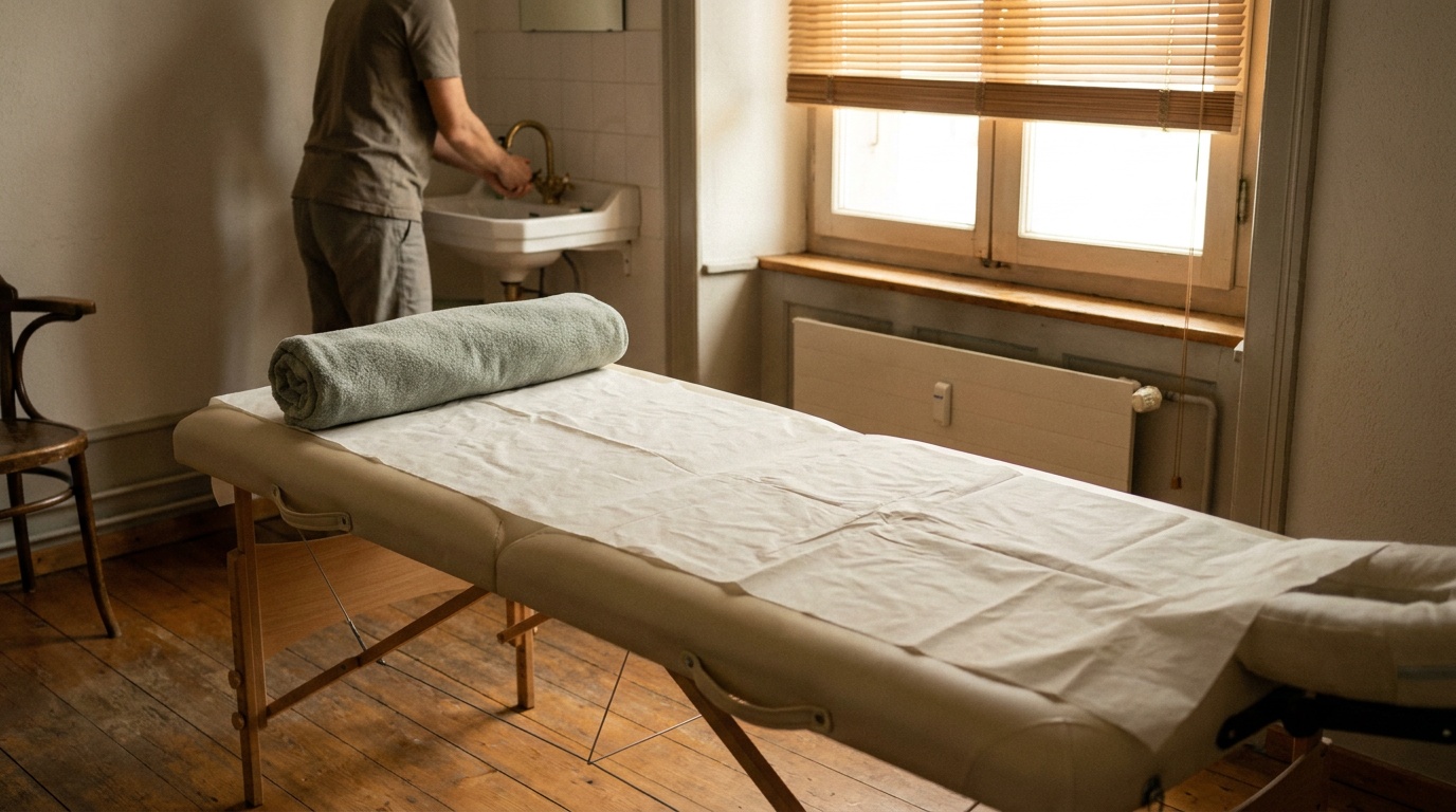 Une salle de soins prête et vide le matin, papier frais sur la table, le praticien flou à l’arrière-plan.