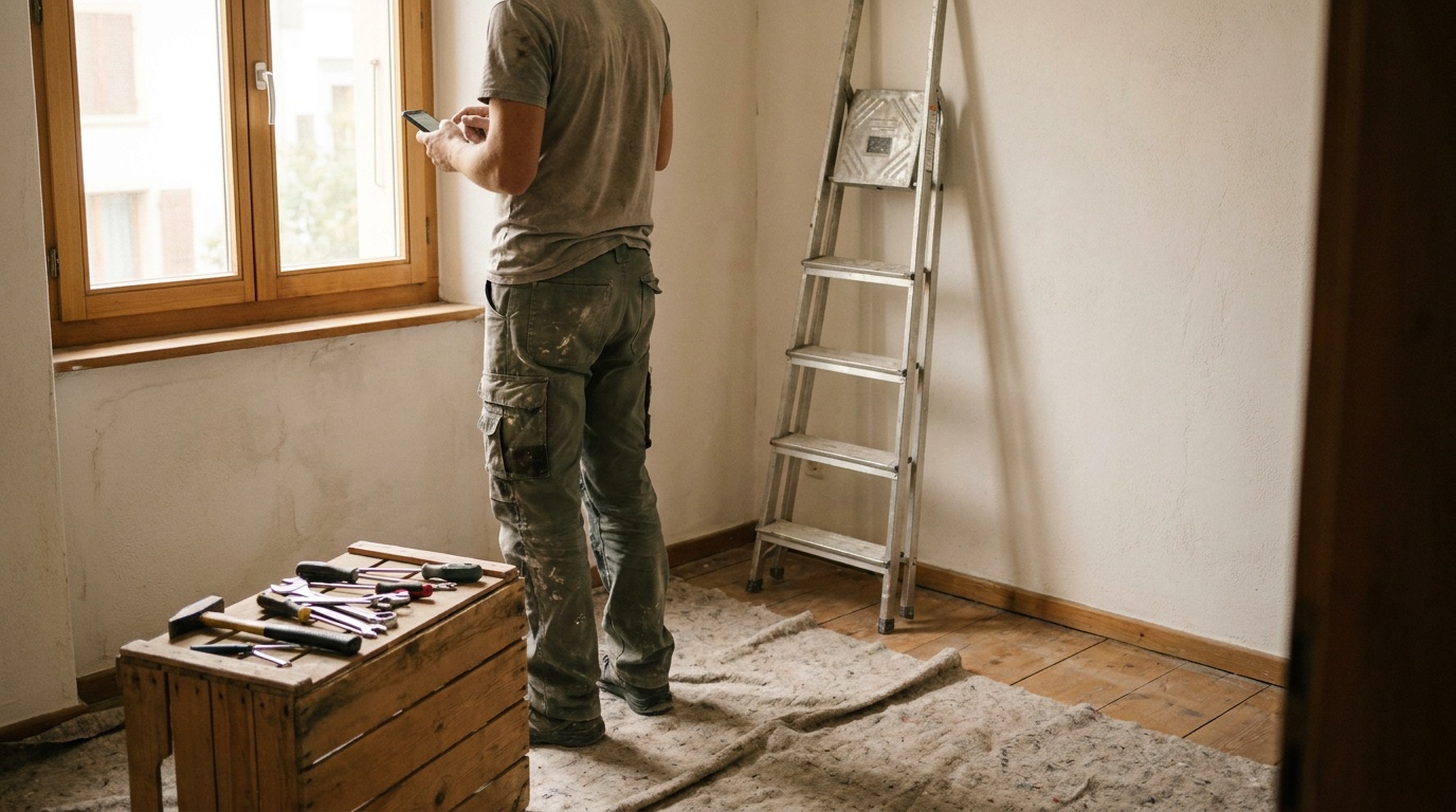 Un appartement en cours de rénovation : un ouvrier debout près de la fenêtre, vu de dos, tape sur un téléphone tenu d’une main ; un escabeau, une bâche et des outils autour de lui.