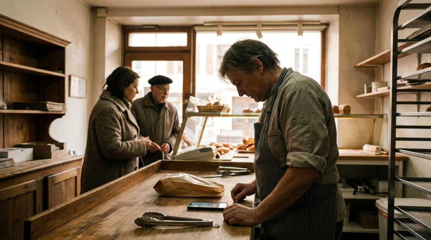 Derrière le comptoir d’une petite boulangerie, le boulanger de côté jette un œil à un téléphone posé à plat.