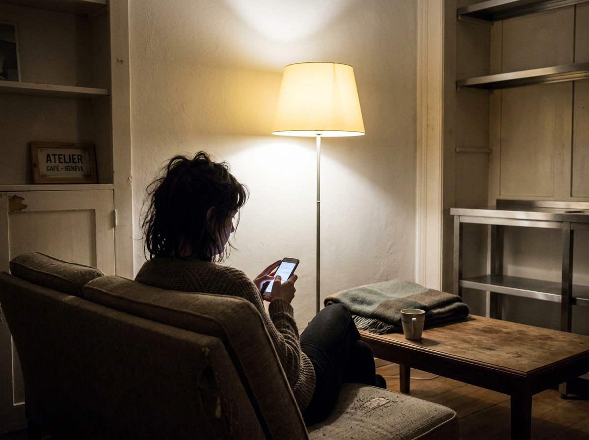 Le soir à la maison : quelqu’un sur un canapé, téléphone en main, sous une seule lampe.