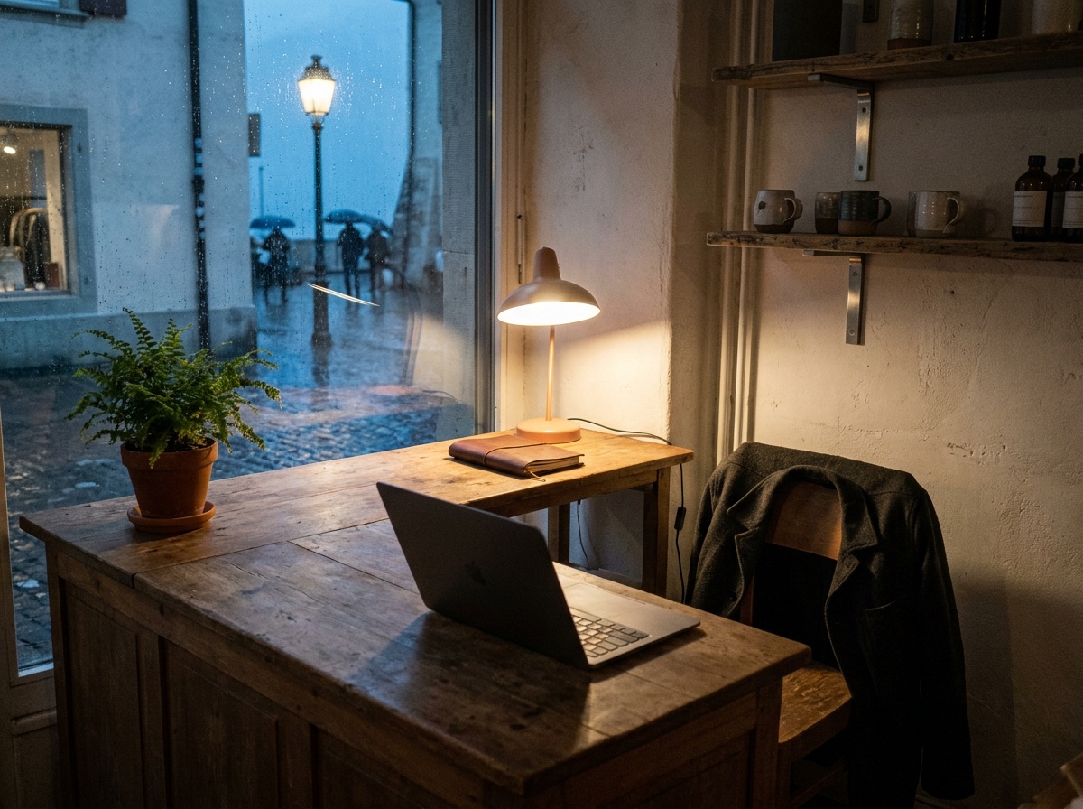 Une petite boutique après la fermeture : le comptoir, une lampe encore allumée, un ordinateur portable ouvert dont l’écran est tourné.
