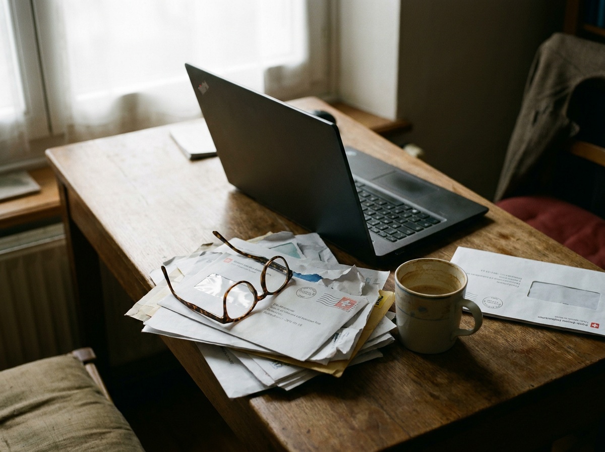 Un bureau en bois près d'une fenêtre : un ordinateur portable ouvert, une pile de courrier décacheté posée devant, des lunettes dessus, une tasse de café refroidie.