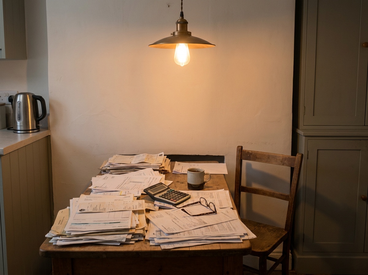 Une table de cuisine le soir : une pile de papiers administratifs, une calculatrice, une tasse froide.