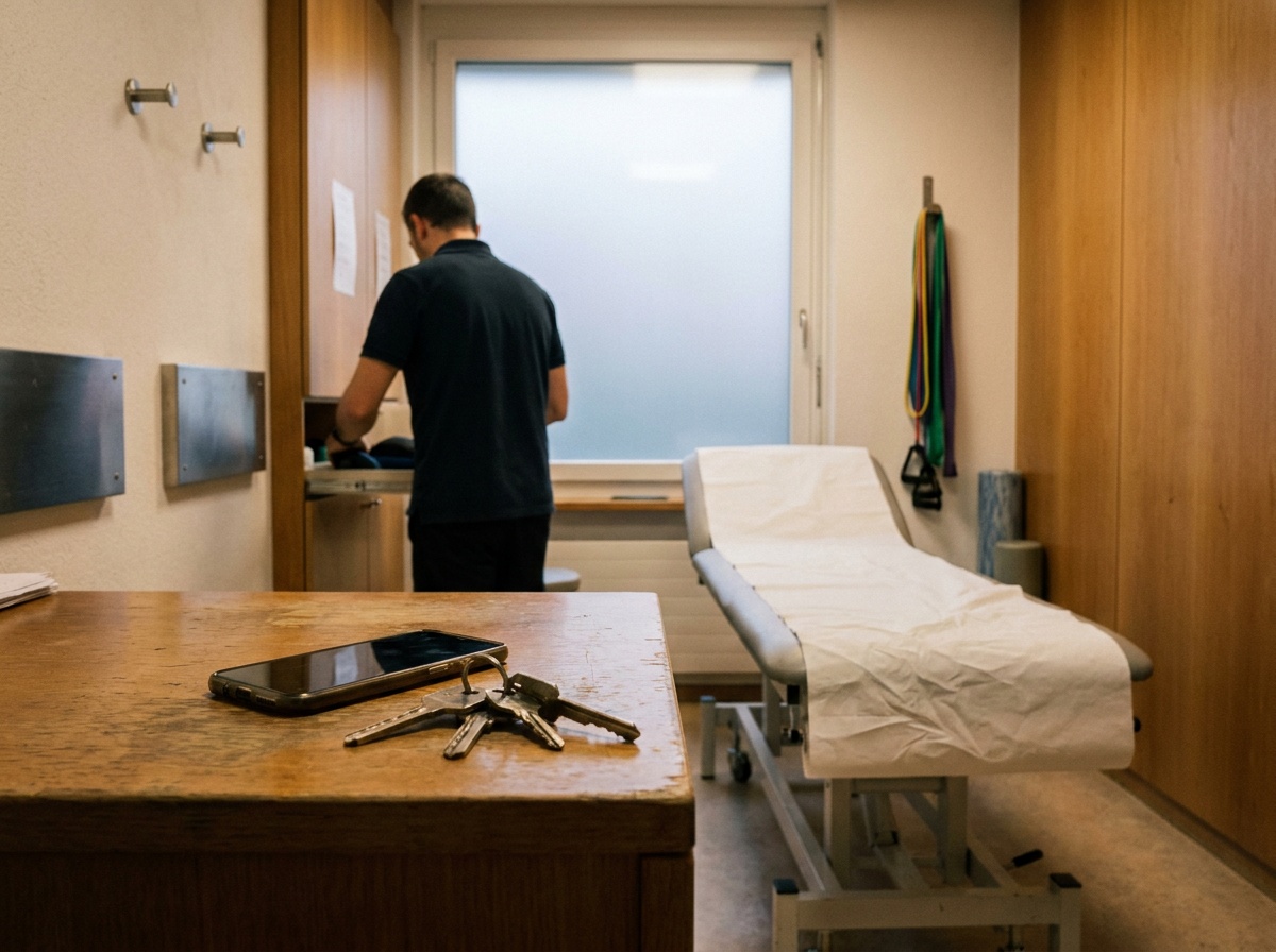 Une salle de physiothérapie en fin de journée : la table vide, le praticien qui range, un téléphone posé sur le comptoir.