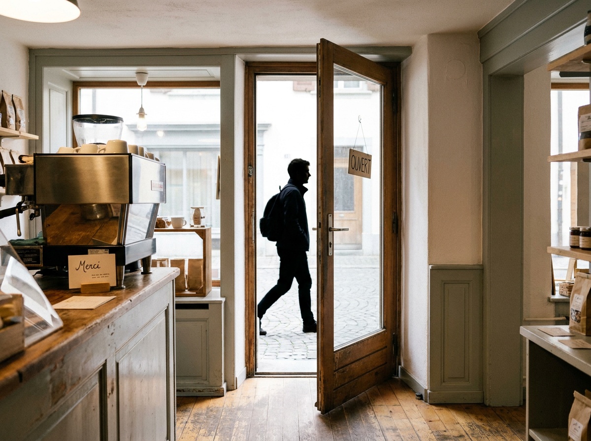 L’entrée d’un petit commerce vue de l’intérieur au moment où une cliente sort, la porte encore entrouverte.