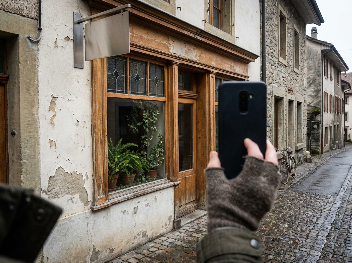 Un vitrine de commerce photographiée depuis la rue, un téléphone tenu devant elle pour la cadrer.