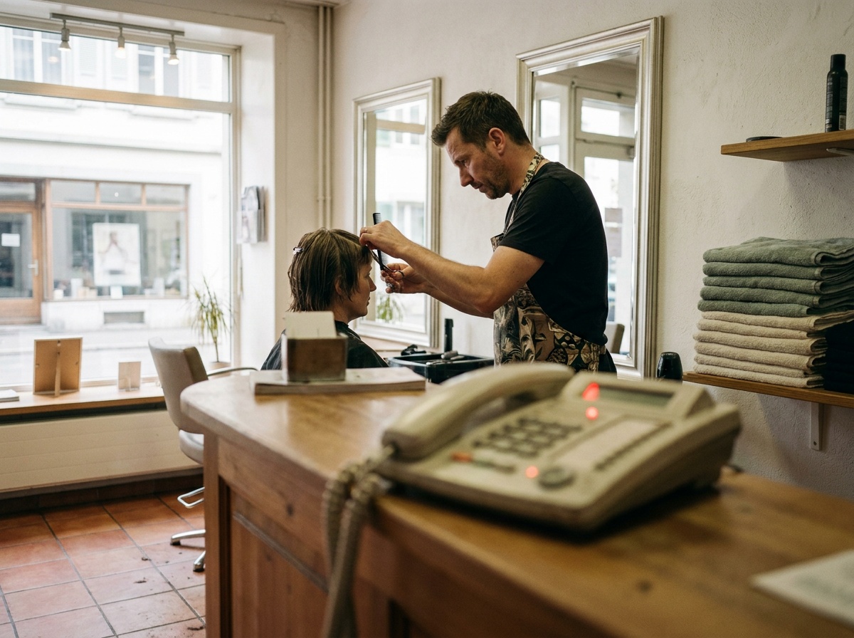 Un salon de coiffure en plein après-midi : au premier plan le téléphone du comptoir, derrière un coiffeur concentré sur sa cliente.