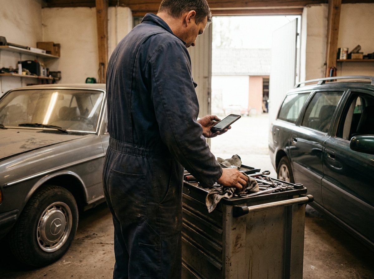 Un garage indépendant : un mécanicien entre deux voitures, un chiffon dans une main, son téléphone dans l’autre.